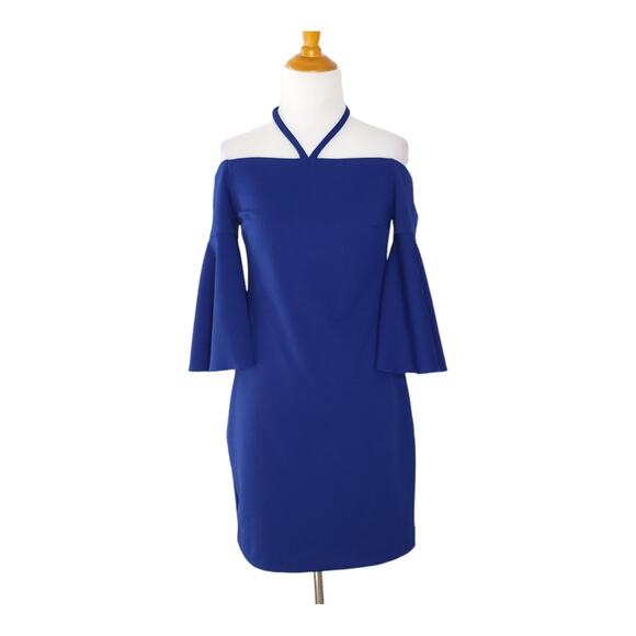 Trina Turk Shell Beach Dress Off The Shoulder Halter Blue Bell Sleeves 2 - Picture 2 of 10